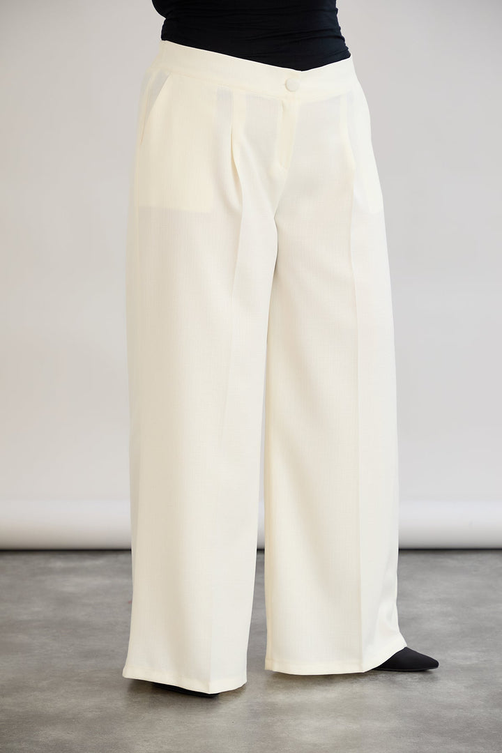 Široke hlače s elastičnim strukom od lana i pamuka - šampanjac