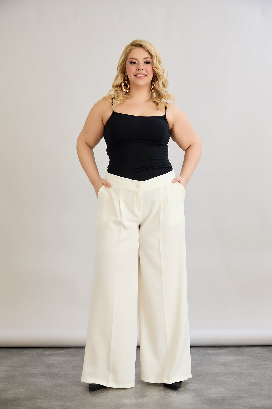 Široke hlače s elastičnim strukom od lana i pamuka - šampanjac