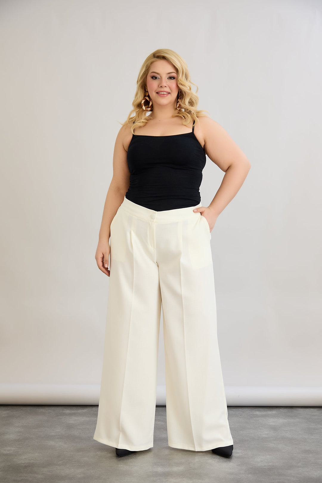 Široke hlače s elastičnim strukom od lana i pamuka - šampanjac