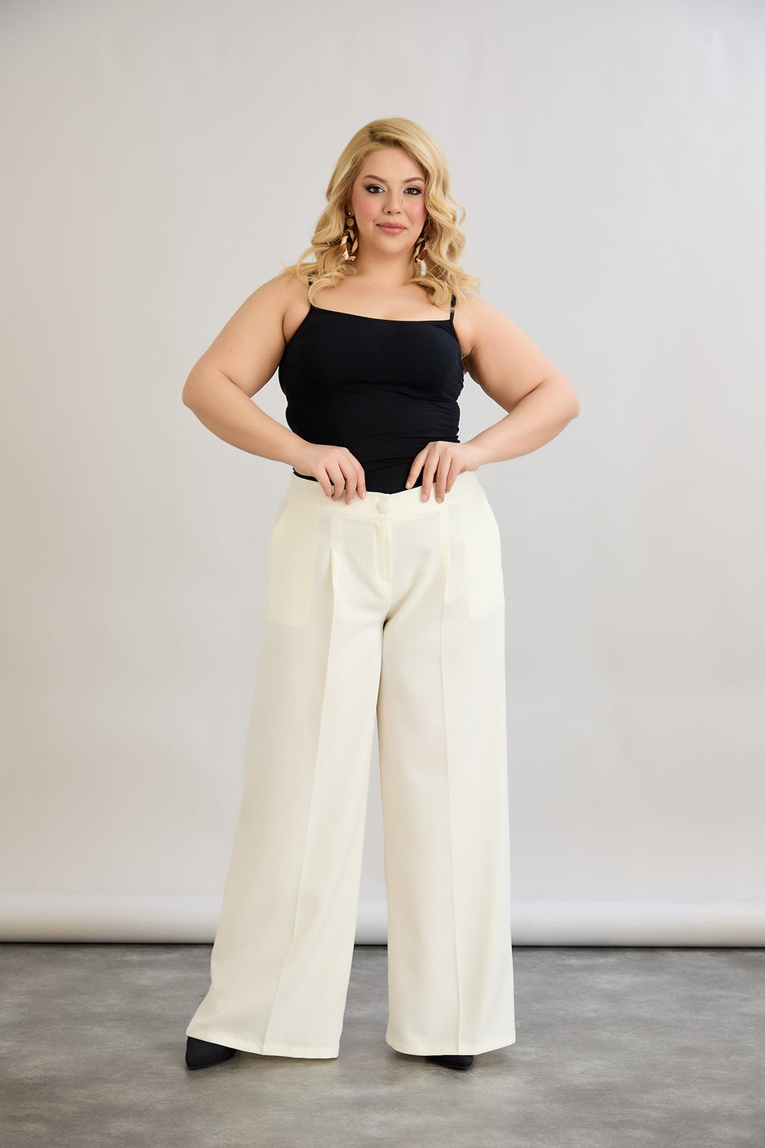 Široke hlače s elastičnim strukom od lana i pamuka - šampanjac