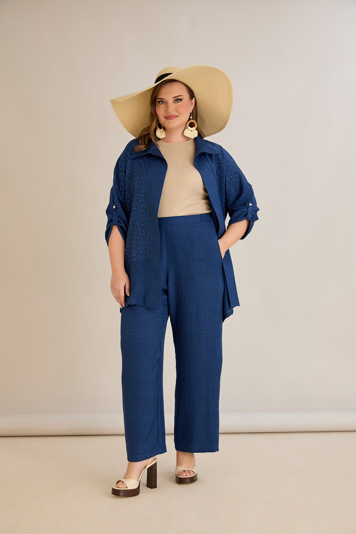 Elegantni plavi set s ukrasnim kamenčićima - Tamnoplava