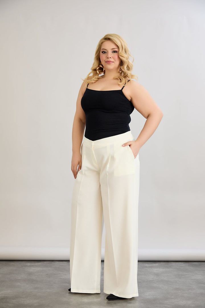 Široke hlače s elastičnim strukom od lana i pamuka - šampanjac