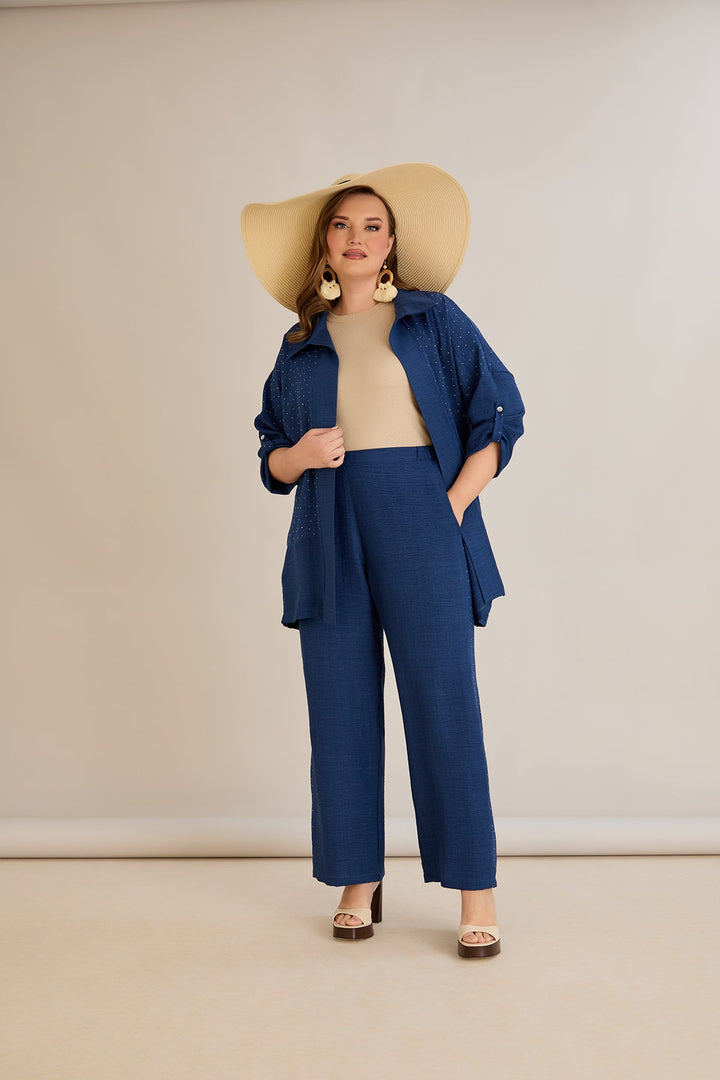 Elegantni plavi set s ukrasnim kamenčićima - Tamnoplava