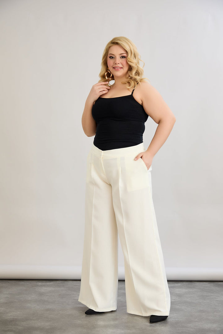 Široke hlače s elastičnim strukom od lana i pamuka - šampanjac
