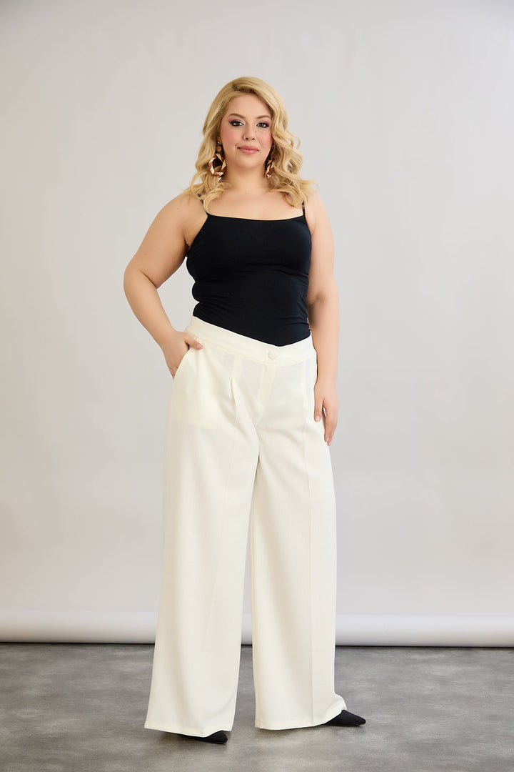 Široke hlače s elastičnim strukom od lana i pamuka - šampanjac