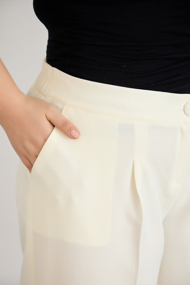 Široke hlače s elastičnim strukom od lana i pamuka - šampanjac