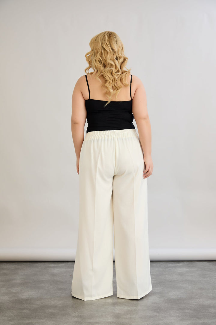 Široke hlače s elastičnim strukom od lana i pamuka - šampanjac