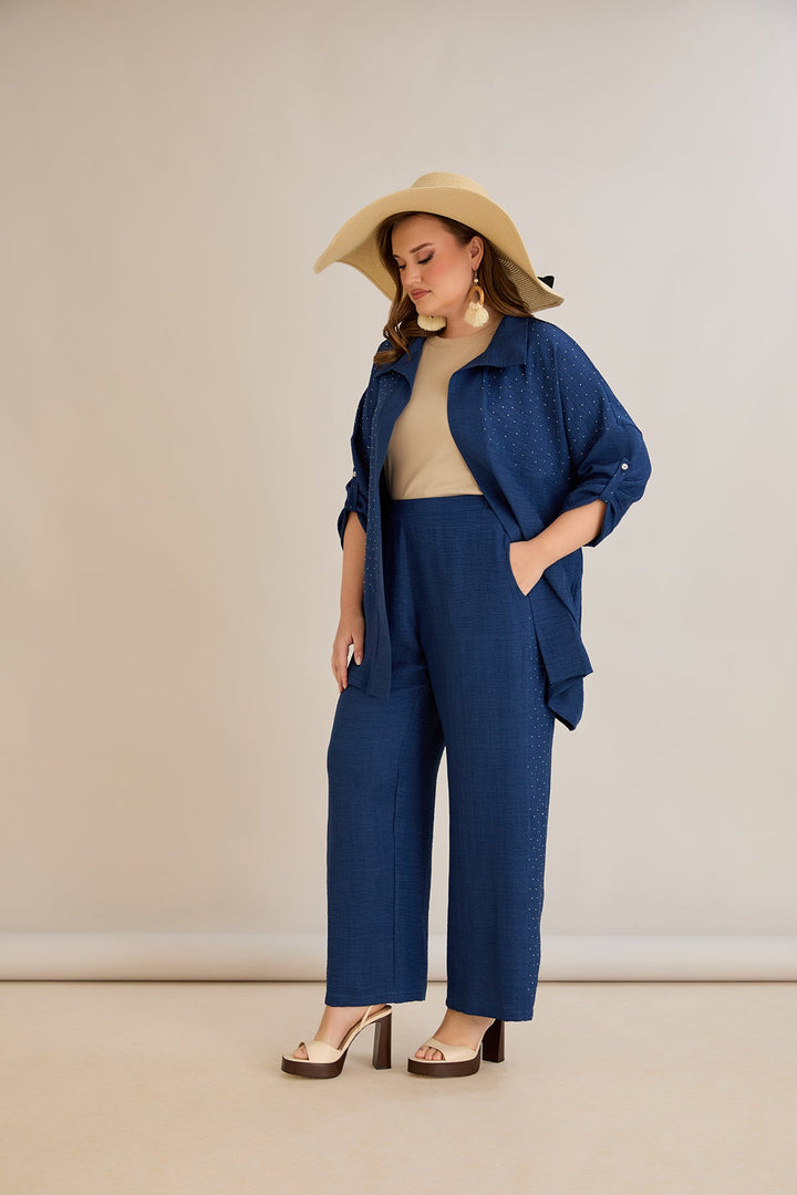 Elegantni plavi set s ukrasnim kamenčićima - Tamnoplava