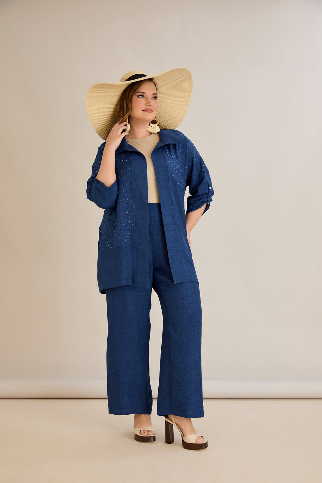 Elegantni plavi set s ukrasnim kamenčićima - Tamnoplava