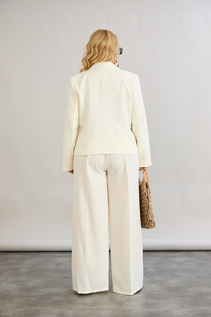 Široke hlače s elastičnim strukom od lana i pamuka - šampanjac