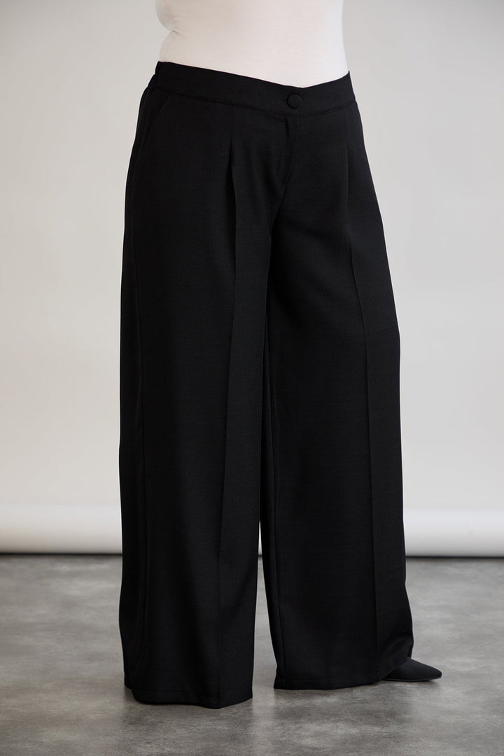 Široke hlače s elastičnim pojasom od lana i pamuka - Crna