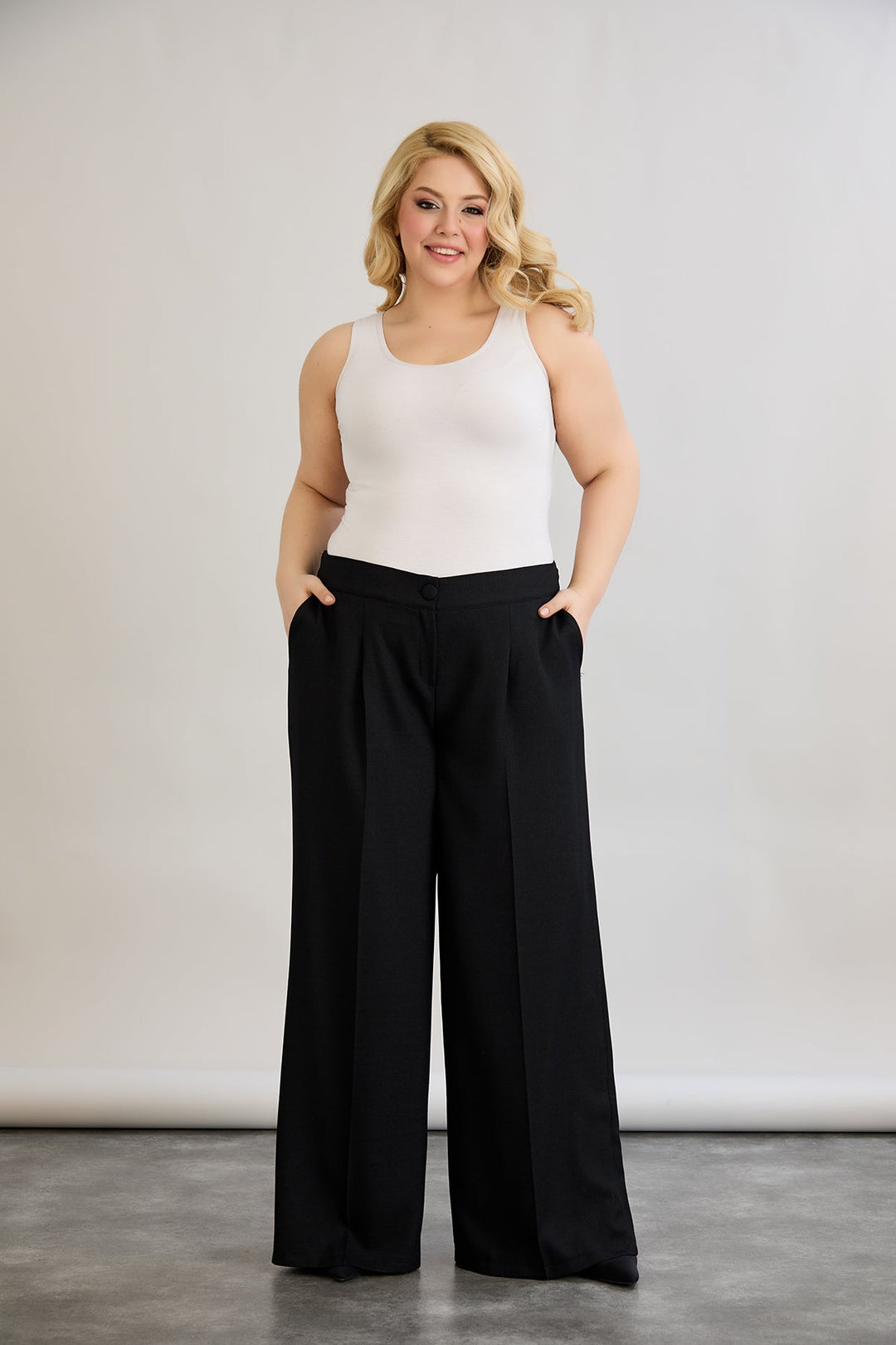 Široke hlače s elastičnim pojasom od lana i pamuka - Crna