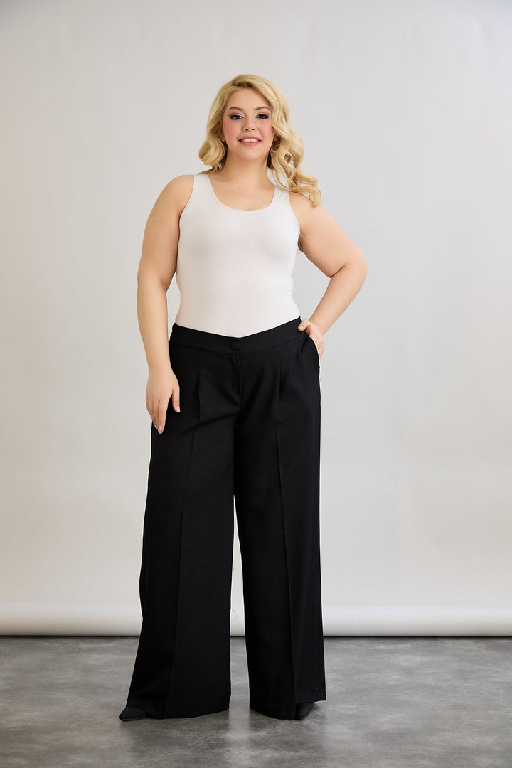 Široke hlače s elastičnim pojasom od lana i pamuka - Crna