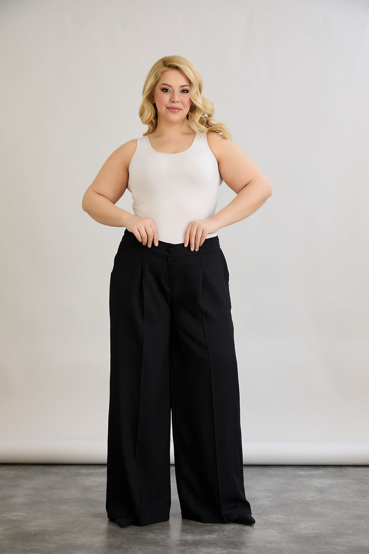 Široke hlače s elastičnim pojasom od lana i pamuka - Crna