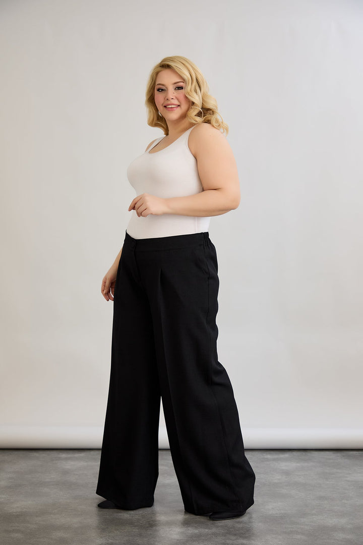 Široke hlače s elastičnim pojasom od lana i pamuka - Crna