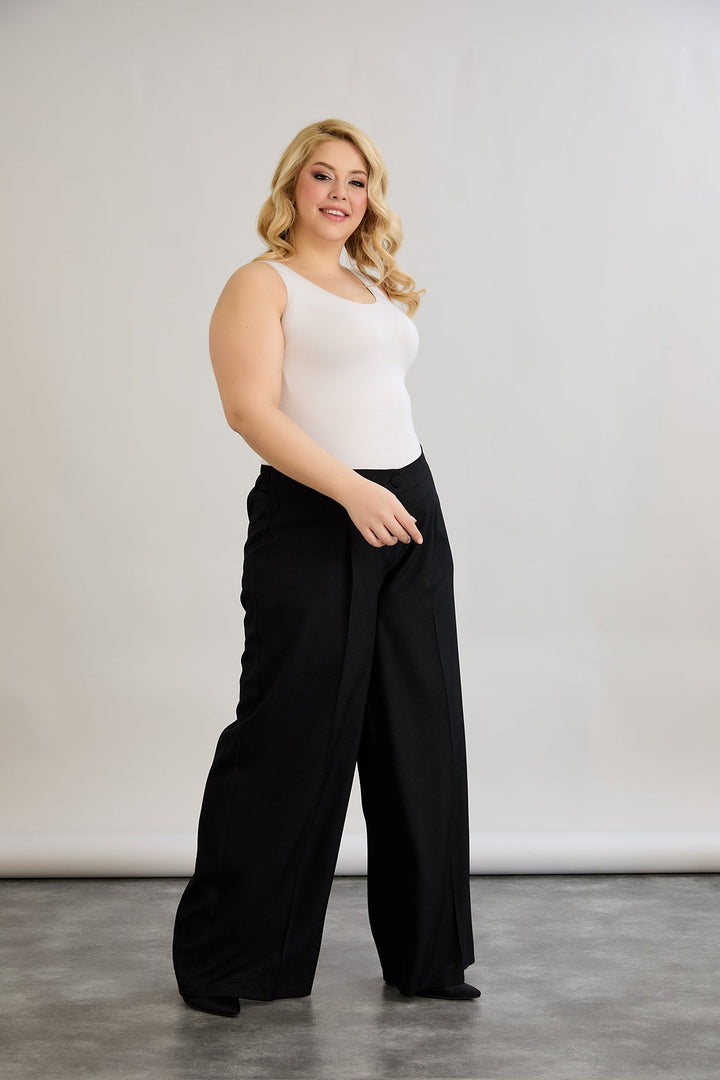 Široke hlače s elastičnim pojasom od lana i pamuka - Crna