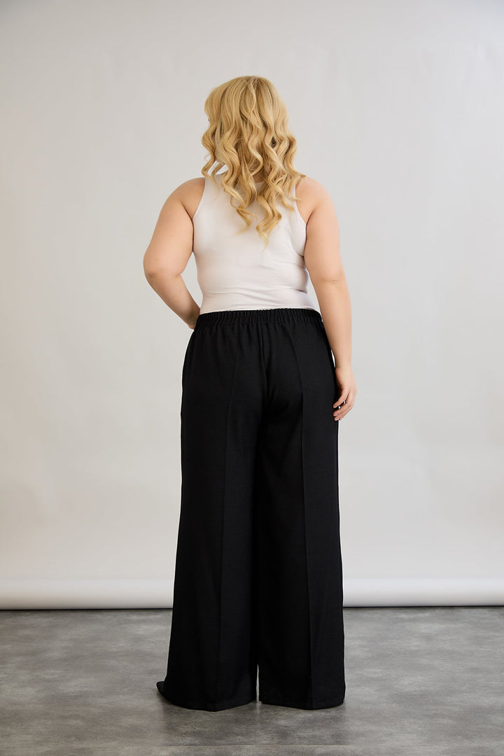 Široke hlače s elastičnim pojasom od lana i pamuka - Crna