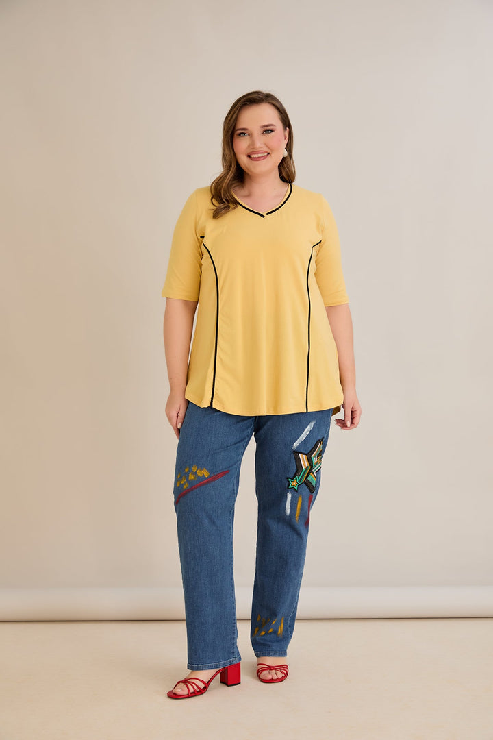 Pamučna bluza A-kroja s kontrastnim detaljima i kratkim rukavima – oker