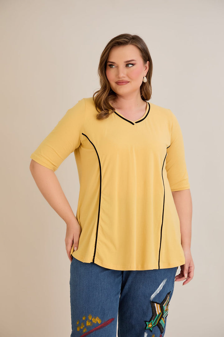 Pamučna bluza A-kroja s kontrastnim detaljima i kratkim rukavima – oker