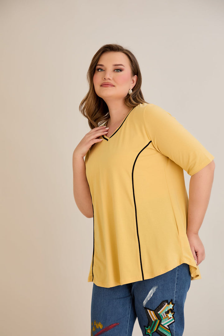 Pamučna bluza A-kroja s kontrastnim detaljima i kratkim rukavima – oker