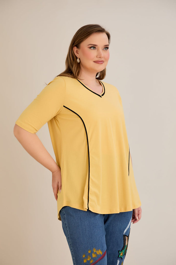 Pamučna bluza A-kroja s kontrastnim detaljima i kratkim rukavima – oker