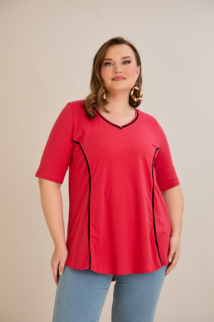 Pamučna bluza A-kroja s kontrastnim detaljima i kratkim rukavima –
 koraljna.