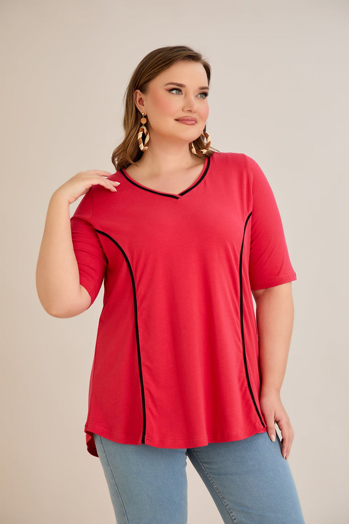 Pamučna bluza A-kroja s kontrastnim detaljima i kratkim rukavima –
 koraljna.