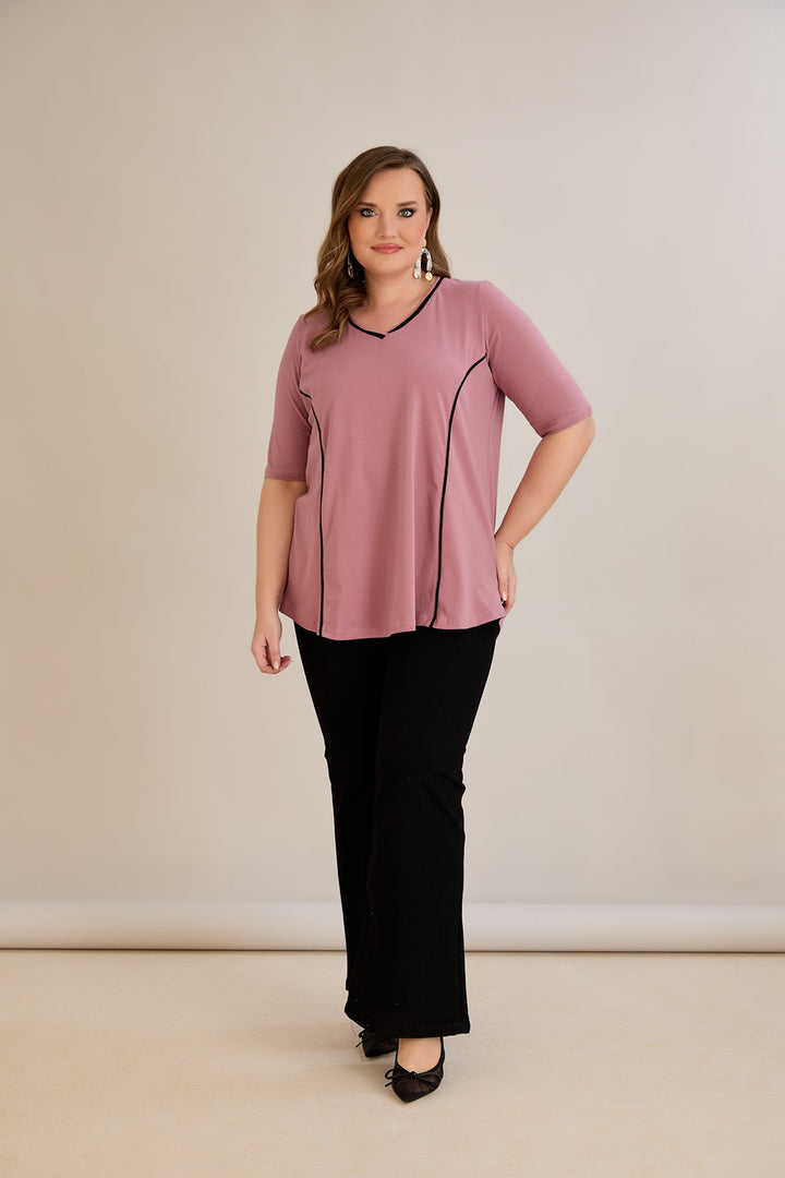 Pamukasta bluzica s kratkim rukavima, A-linije s kontrastnim obrubima - ružina pepeo.