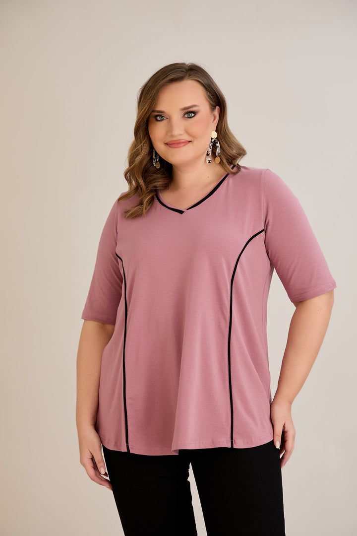 Pamukasta bluzica s kratkim rukavima, A-linije s kontrastnim obrubima - ružina pepeo.