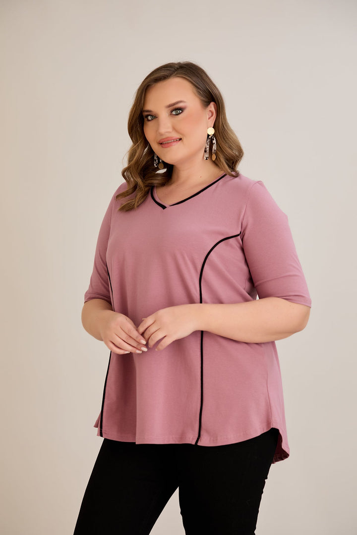 Pamukasta bluzica s kratkim rukavima, A-linije s kontrastnim obrubima - ružina pepeo.