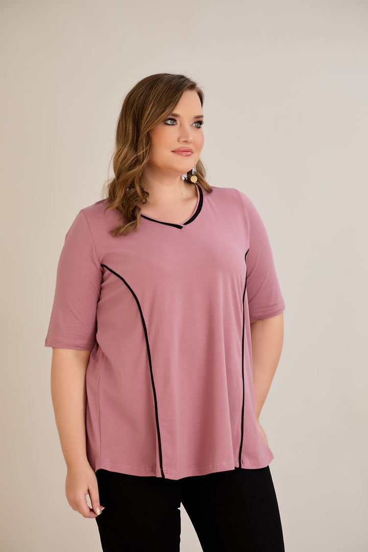 Pamukasta bluzica s kratkim rukavima, A-linije s kontrastnim obrubima - ružina pepeo.