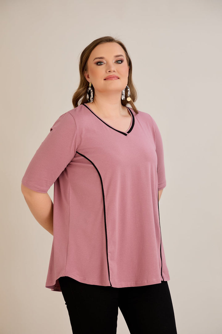Pamukasta bluzica s kratkim rukavima, A-linije s kontrastnim obrubima - ružina pepeo.