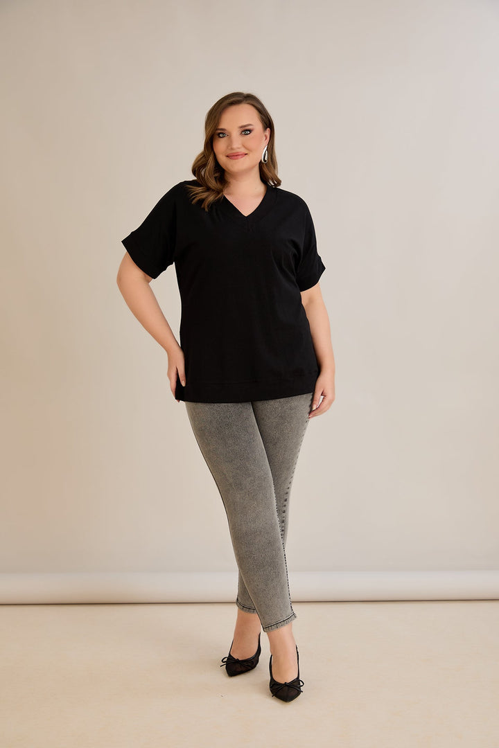 Pametna pamučna majica s V-izrezom - Crna