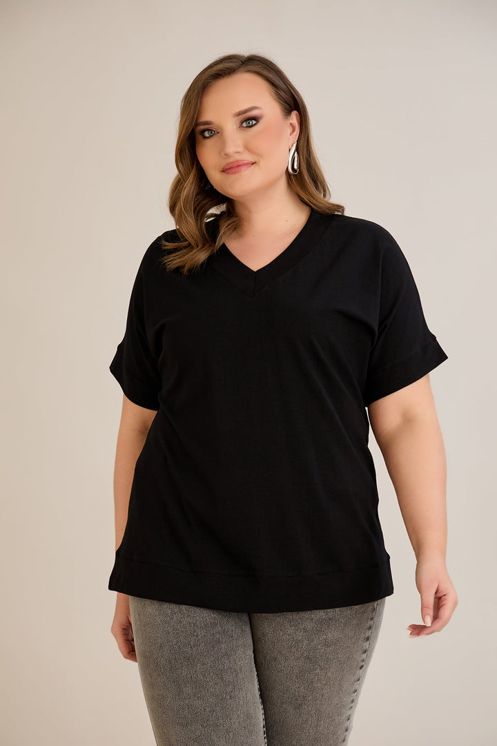 Pametna pamučna majica s V-izrezom - Crna