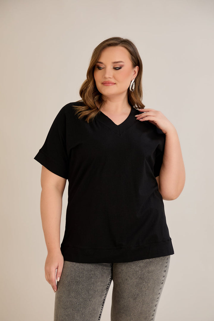 Pametna pamučna majica s V-izrezom - Crna