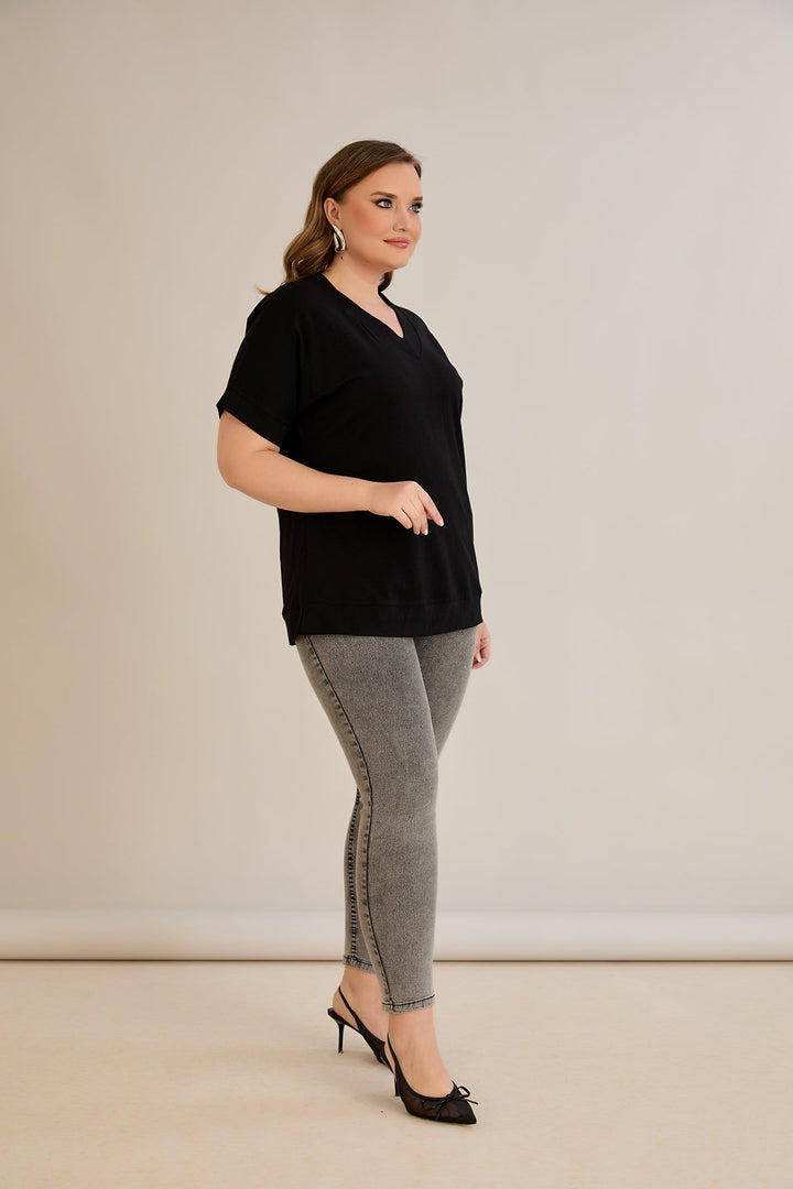 Pametna pamučna majica s V-izrezom - Crna