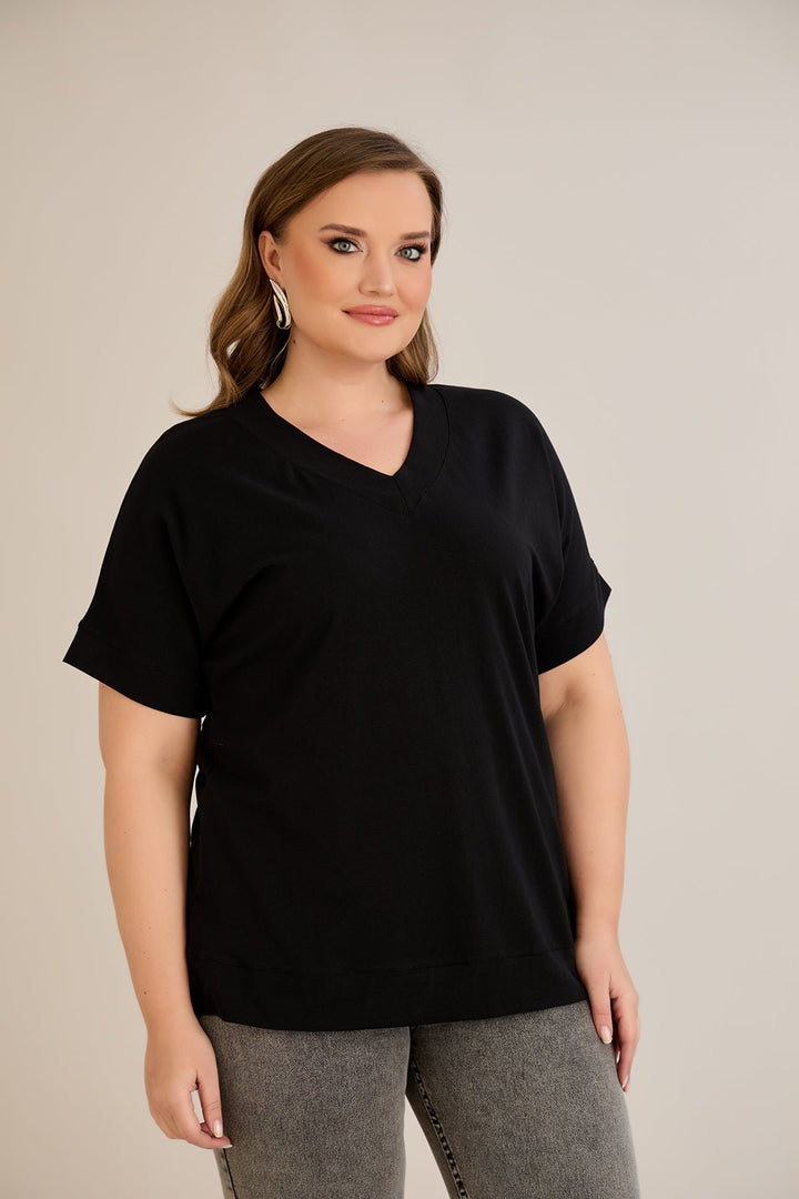 Pametna pamučna majica s V-izrezom - Crna