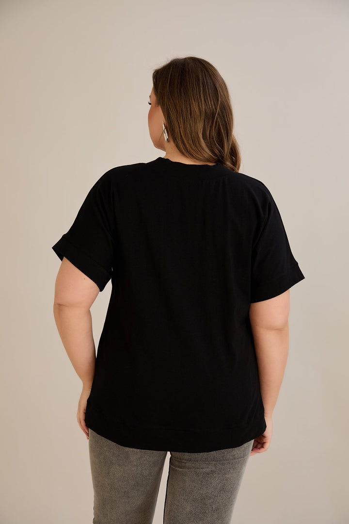 Pametna pamučna majica s V-izrezom - Crna