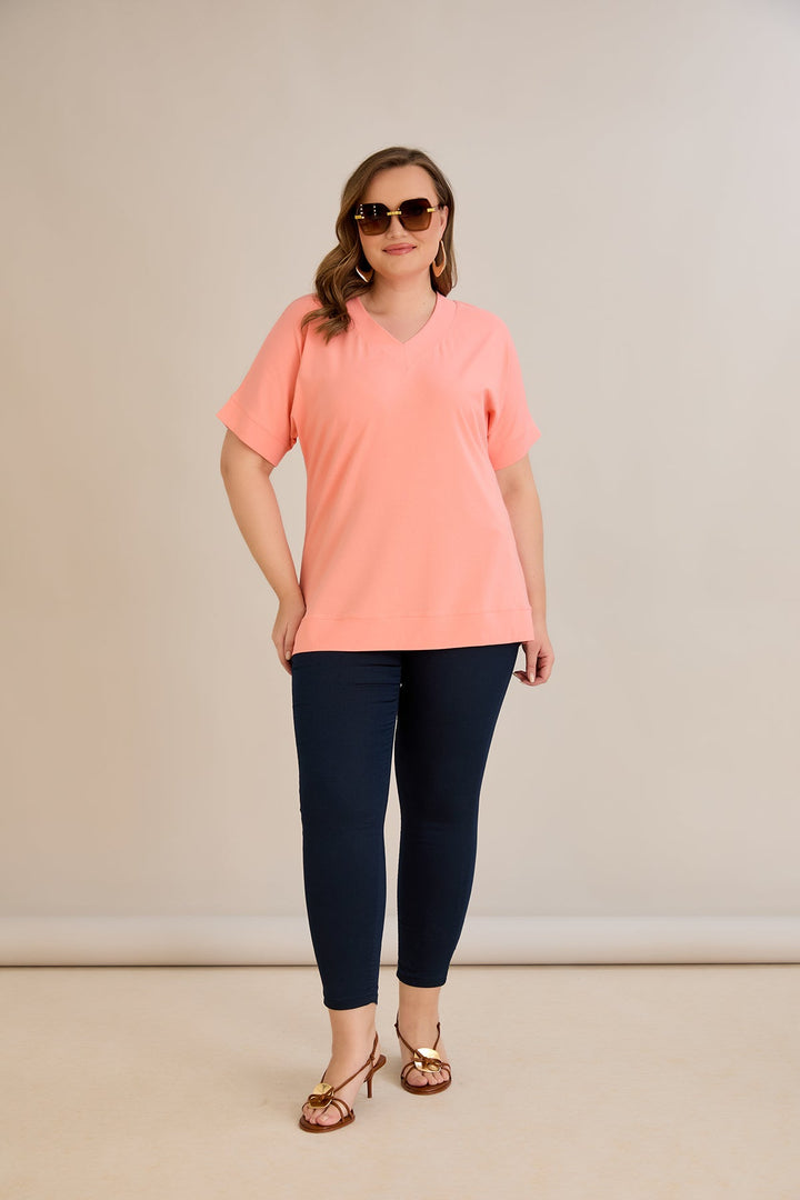 Kratki rukav, pamuk, majica s V-izrezom - breskva