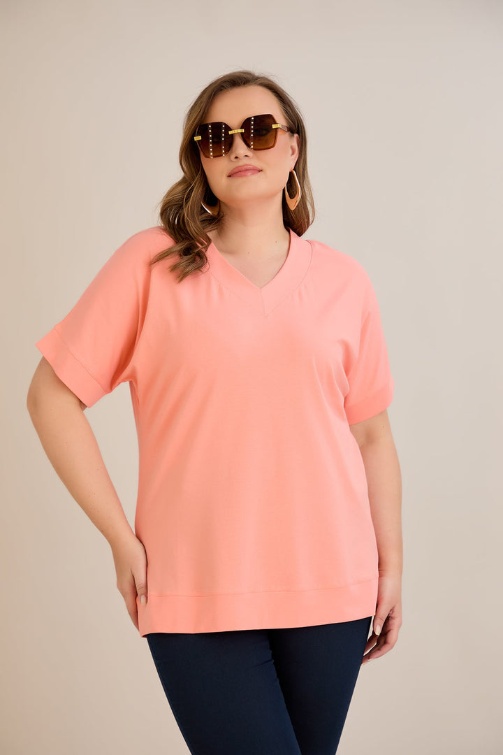 Kratki rukav, pamuk, majica s V-izrezom - breskva