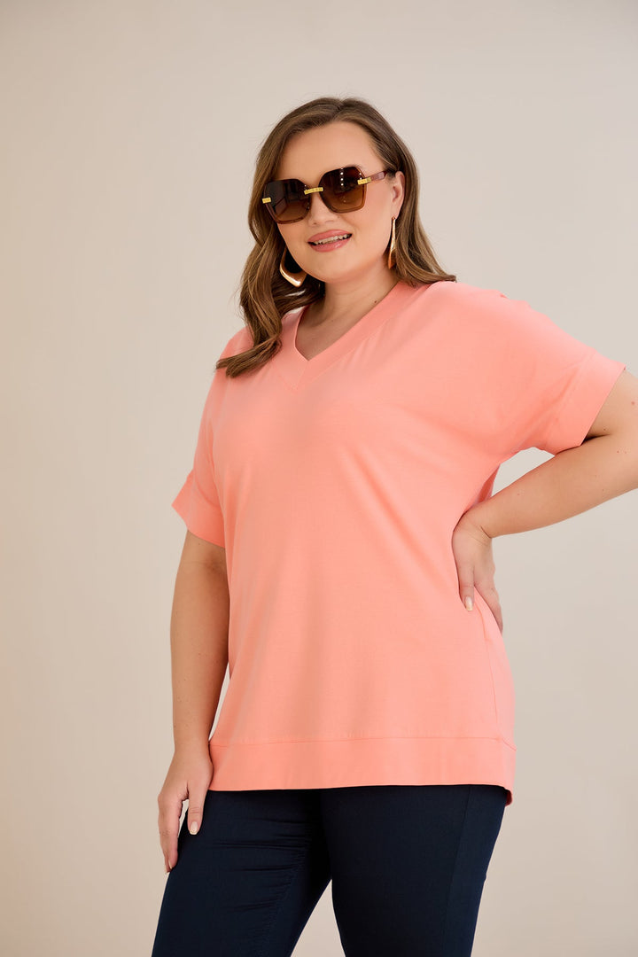 Kratki rukav, pamuk, majica s V-izrezom - breskva