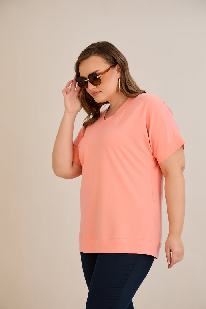 Kratki rukav, pamuk, majica s V-izrezom - breskva