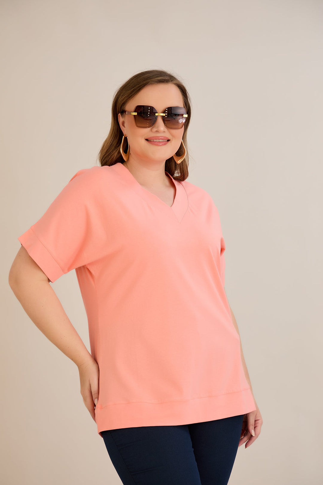 Kratki rukav, pamuk, majica s V-izrezom - breskva