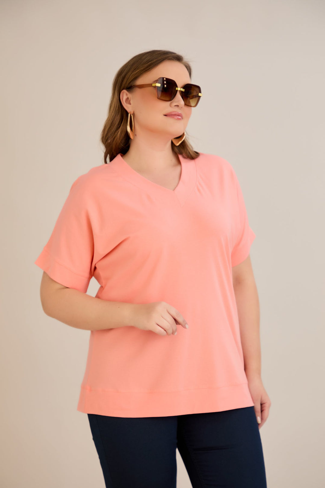 Kratki rukav, pamuk, majica s V-izrezom - breskva