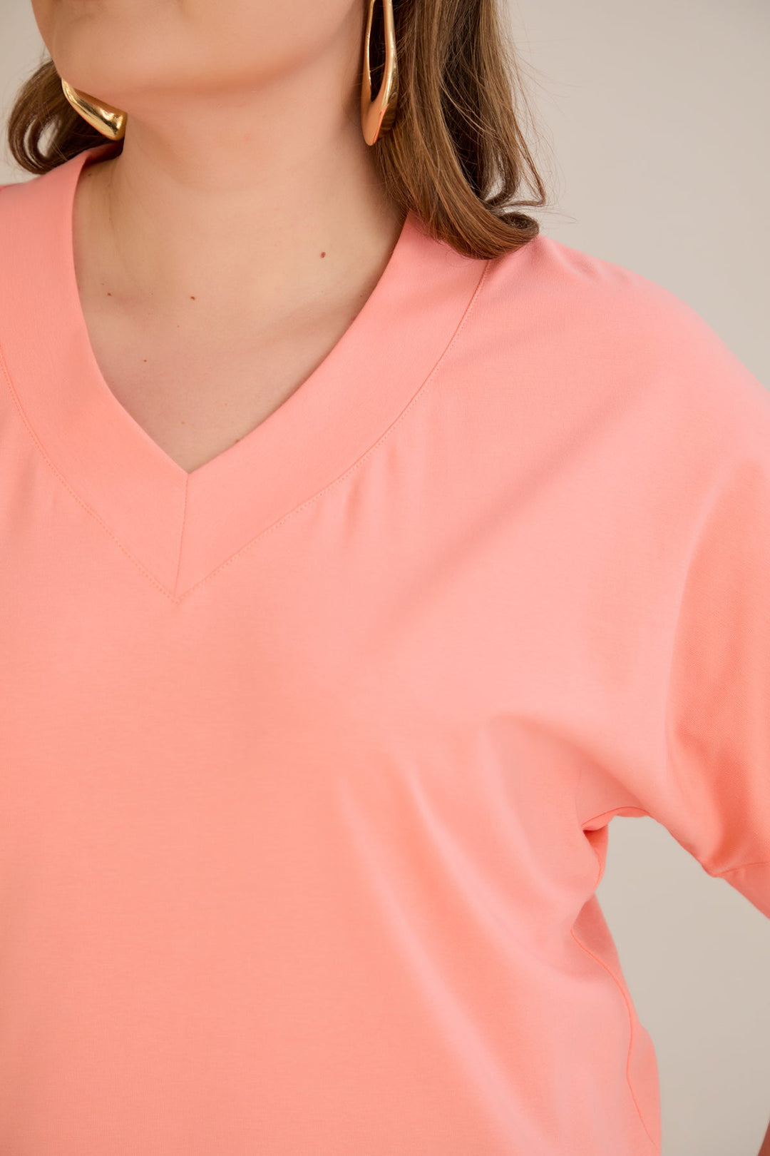 Kratki rukav, pamuk, majica s V-izrezom - breskva