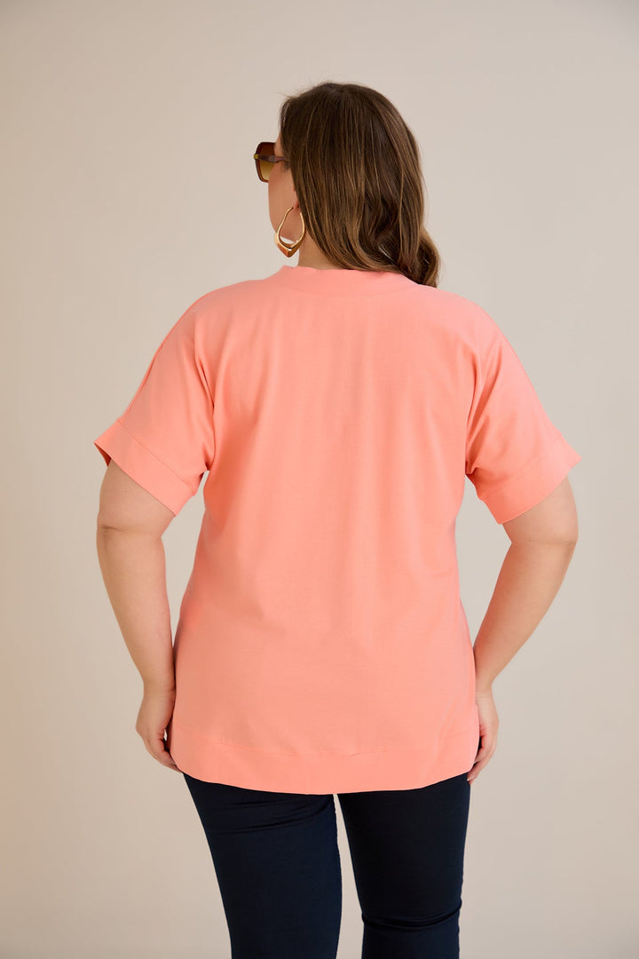 Kratki rukav, pamuk, majica s V-izrezom - breskva