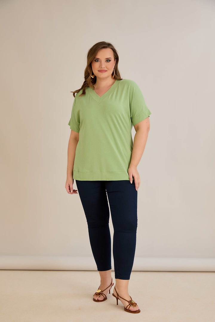 Pamučna majica s V-izrezom - Zelena jabuka