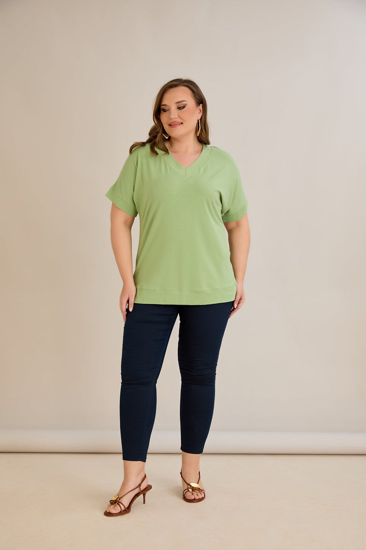 Pamučna majica s V-izrezom - Zelena jabuka