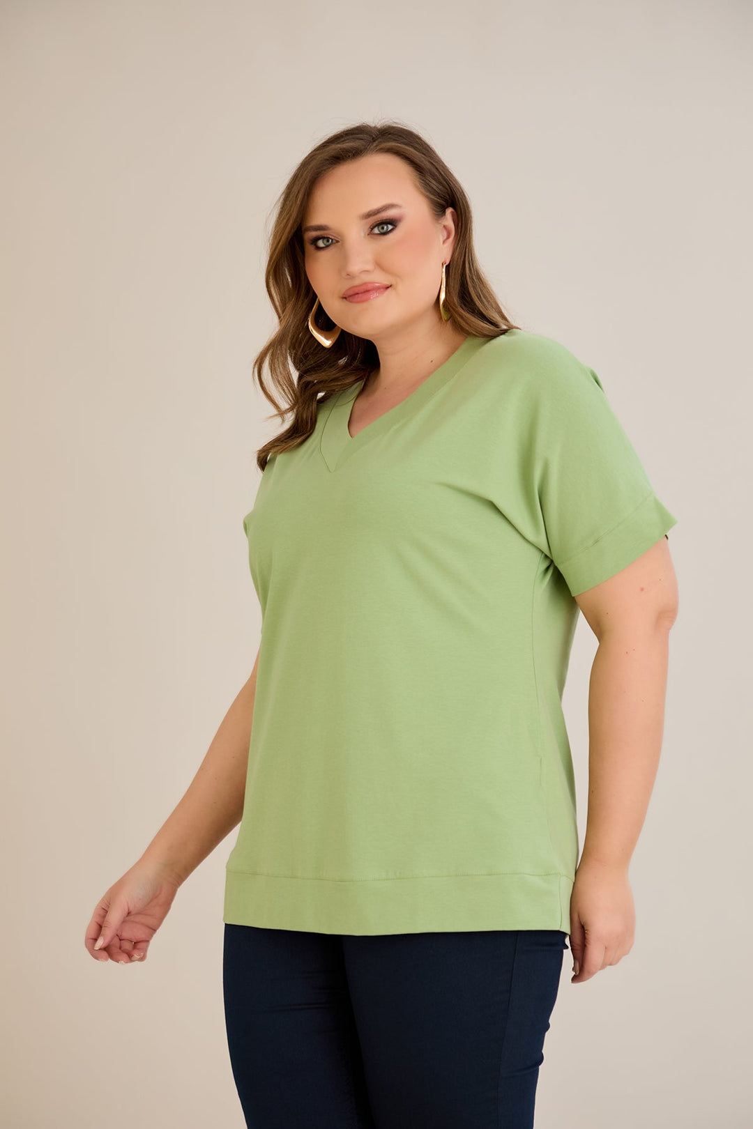 Pamučna majica s V-izrezom - Zelena jabuka