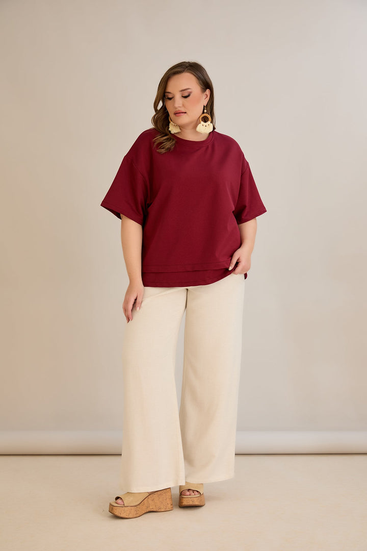 Oversize 100% pamučna majica s naglaskom na Vibes - Burgund 10877